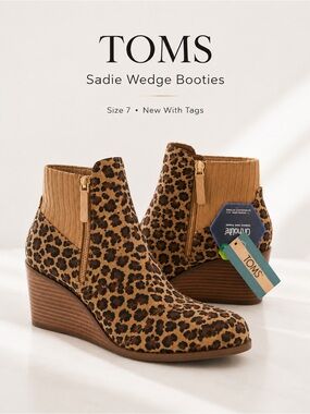 TOMS Sadie Leopard Print Suede Wedge Booties Women’s Size 7 NWT Ortholite